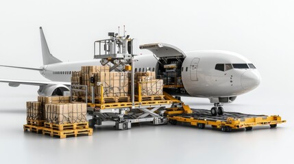 Cargo airplane loading operation with stacked crates on pallets, demonstrating efficient logistics and transportation.