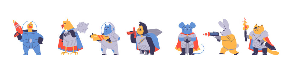 Set of vectors with fantastic animal warriors in armor, with swords, maces and blasters