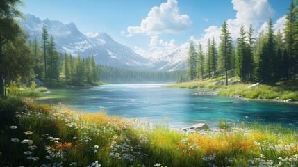 Obraz premium clear blue stream with green meadow and mountain background on sunny day