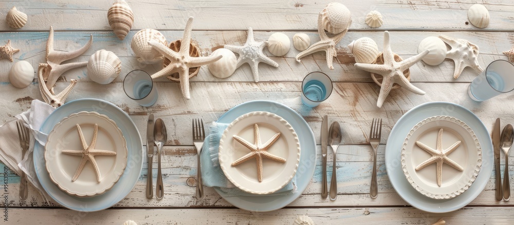 Poster Table set beautifully with marine decorations against a light wooden backdrop showcasing a serene scene with ample copy space image