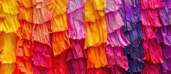 Close up shot of colorful fringed paper in yellow orange red pink and purple creating an abstract background texture resembling a pinata ideal as a banner sized design element with copy space image