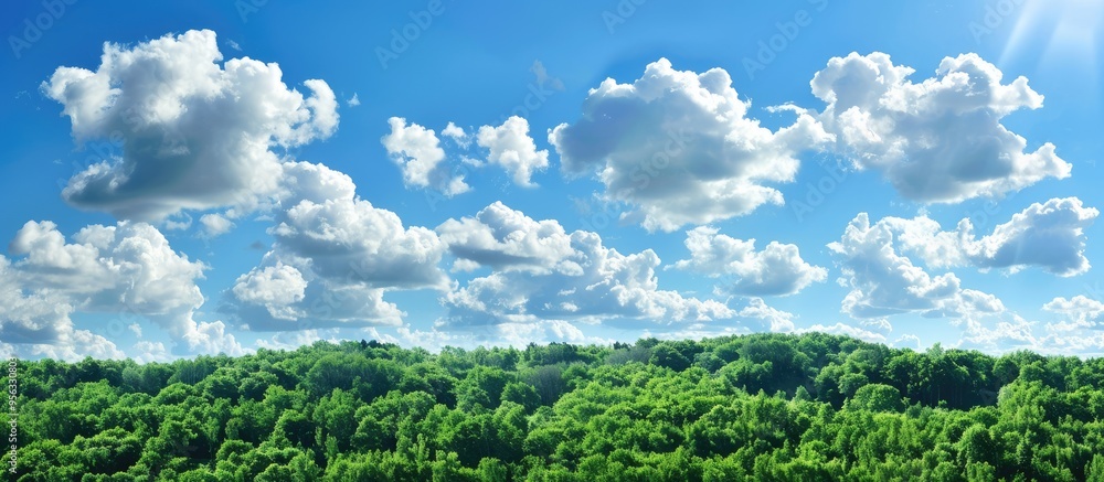Aufkleber nature background with a clear blue sky and unique white clouds above a lush green forest creating a