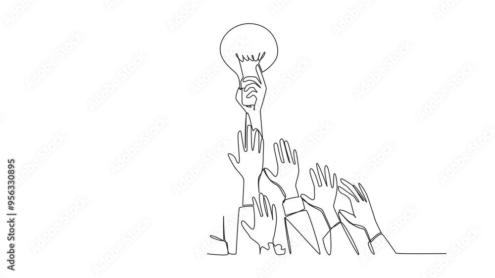 Poster animation of a single one line drawing of hands fighting for the lightbulb. fighting over references