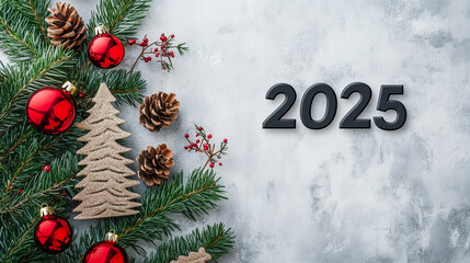2025 number with Christmas tree, pinecones, and red baubles on concrete background, holiday decoration, new year 2025 concept