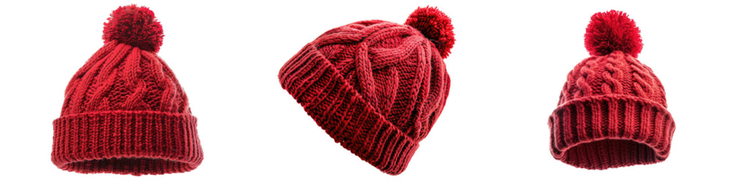 collection of red winter hats isolated on white or transparent png