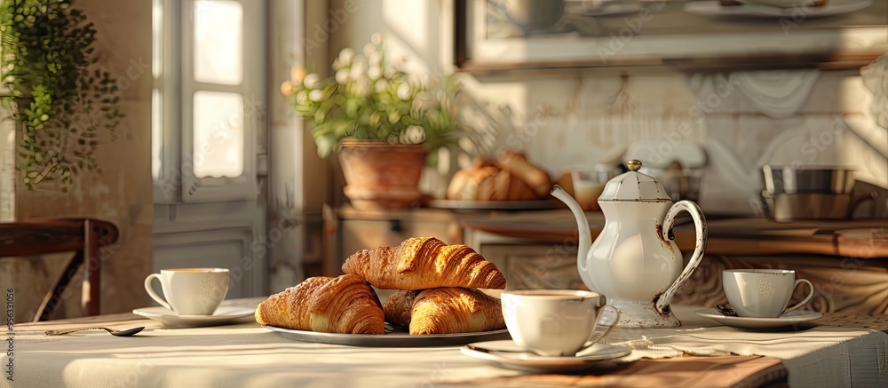 Poster a french breakfast scene with coffee cups croissants and a typical bakery on a table representing th