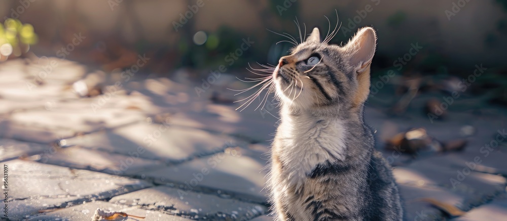 Poster a cat with grey and white fur is perched on concrete tiles under the sun gazing upwards with a blank