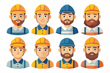 Construction worker face avatar icons vector, Construction worker, Illustration of man wearing worker apron outfit
