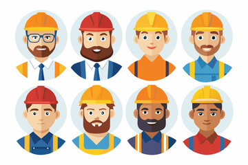 Construction worker face avatar icons vector, Construction worker, Illustration of man wearing worker apron outfit
