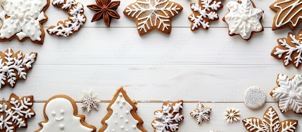 Leinwandbilder christmas gingerbread cookies frame with decorative elements on a white wooden backdrop provides a f