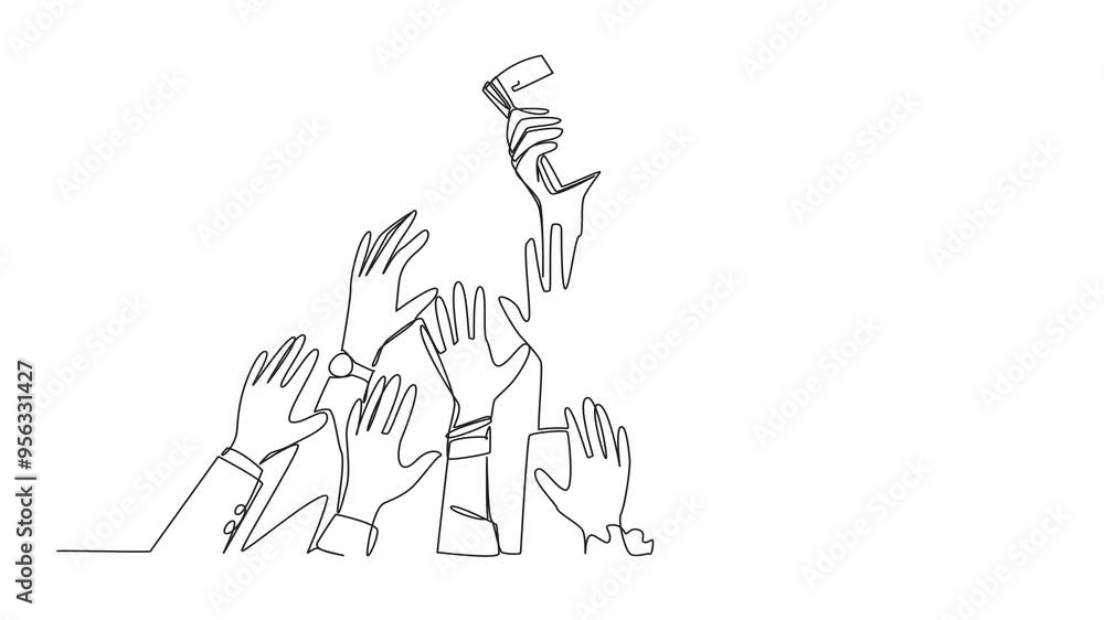 Poster self drawing animation of continuous one line drawing hands fighting for banknotes. strongest and lo