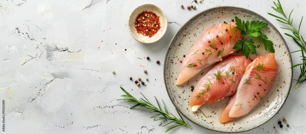 Poster Chicken breast fillet presented on a plate against a bright background adorned with assorted spices and herbs A horizontal image focusing on white meat protein with copy space