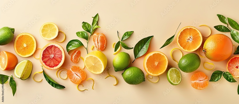 Poster a trendy food concept featuring summer citrus fruits like orange tangerine lemon and lime on a paste