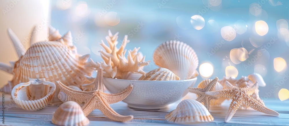 Poster A summer vibe with sea shells or starfish displayed on a table background providing room for text in a copy space image