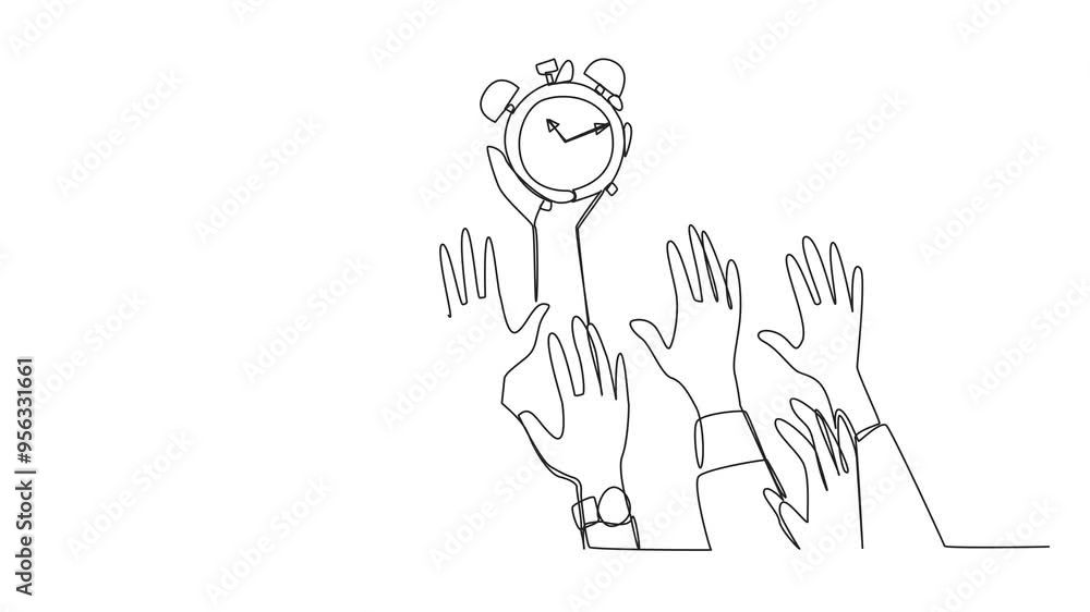 Poster animated self drawing of single continuous line drawing hands fighting over alarm clock. able to car