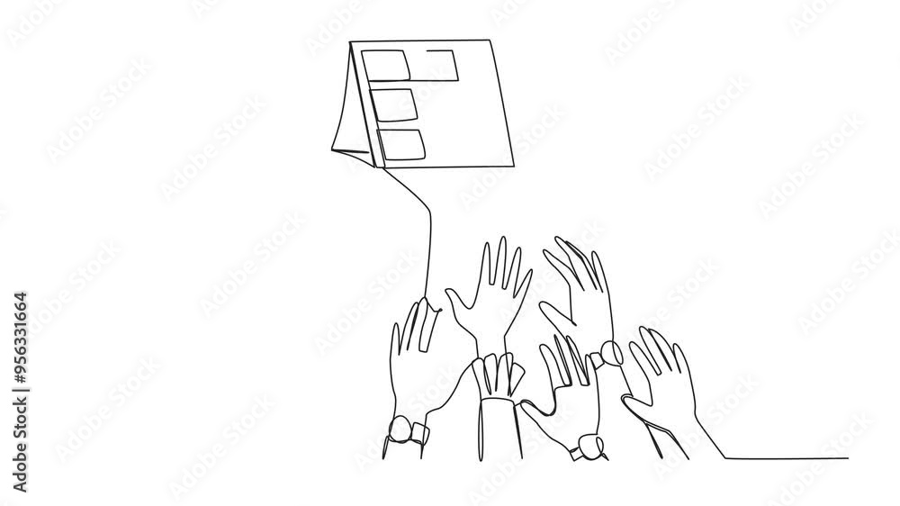 Poster self drawing animation of continuous one line drawing hands fighting over the desk calendar. metapho
