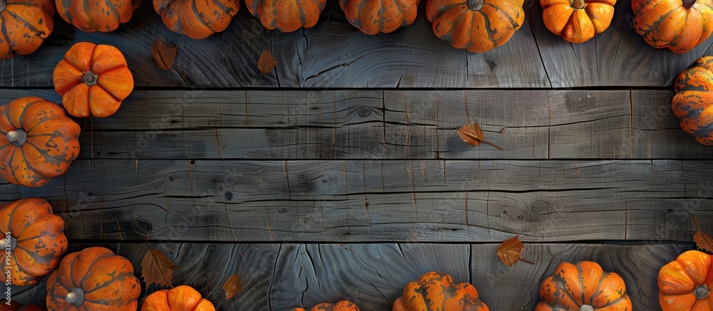 Leinwandbilder wooden background with a frame of various fresh pumpkins creating a rustic copy space image