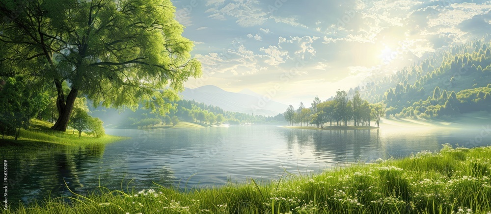 Poster Scenic summer landscape with greenery trees river creating a picturesque panoramic view perfect for a copy space image