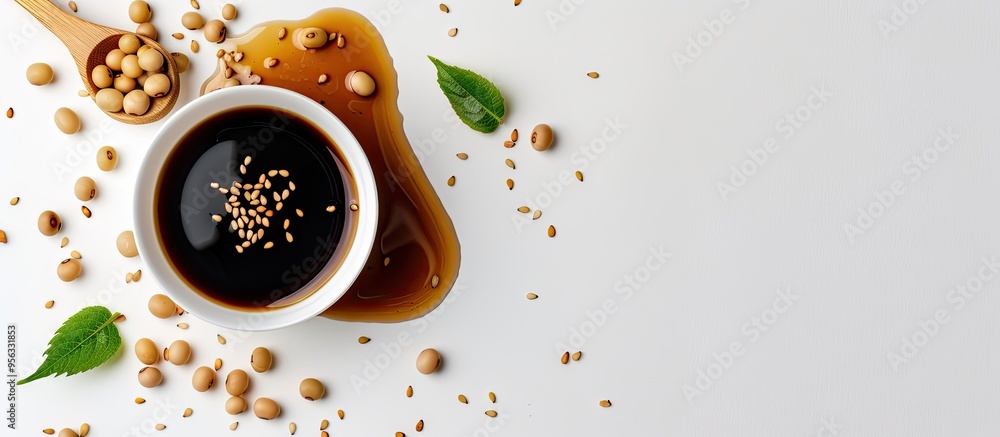 Poster White background with a copy space image featuring soy sauce and soybeans