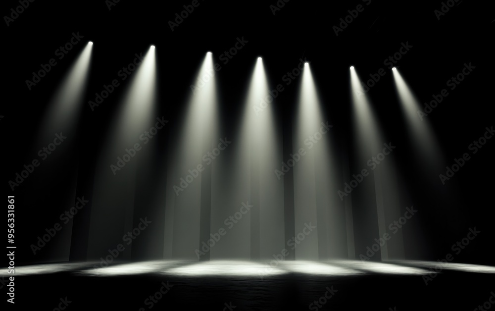 Poster dramatic stage lights illuminating a dark backdrop, creating a captivating atmosphere for performanc