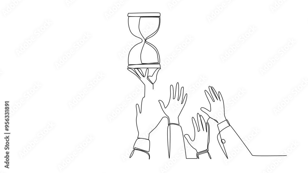 Poster animation of single continuous line drawing hands fighting over the hourglass. fighting over an anti