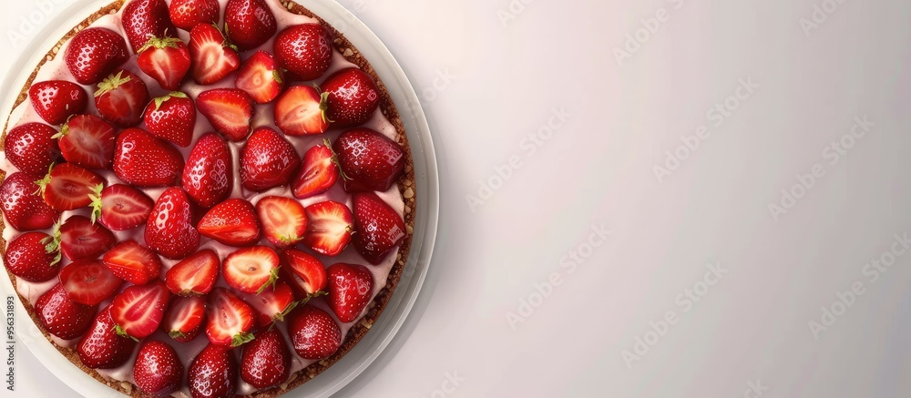 Poster Top down view of a scrumptious strawberry crumble cake with fresh slices on a blank copy space image
