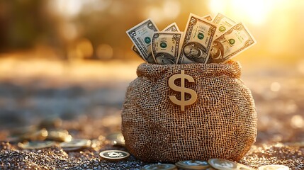 A bag of US dollars and golden coins, evoking the imagery of wealth, abundance, and financial achievement.
