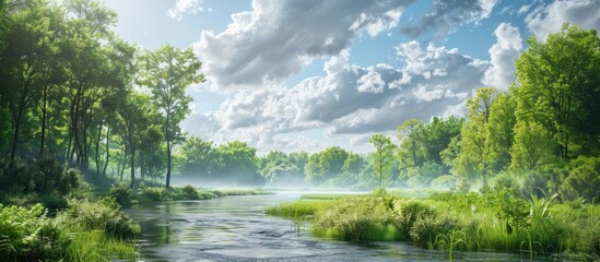 A picturesque scene of a lush green forest by the river under a cloudy sky on a sunny summer day suitable for a copy space image