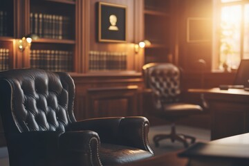 A cozy, well-furnished office space with leather chairs and bookshelves.