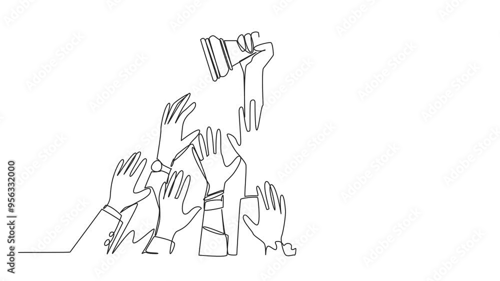 Poster animation of single continuous line drawing hands fighting over the king's chess piece. the metaphor