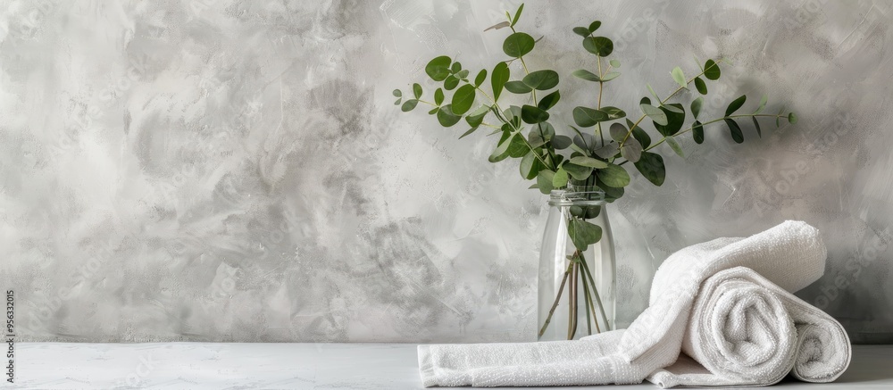 Poster Elegant eucalyptus branches displayed in a clear vase with a soft towel set against a neutral background for a copy space image