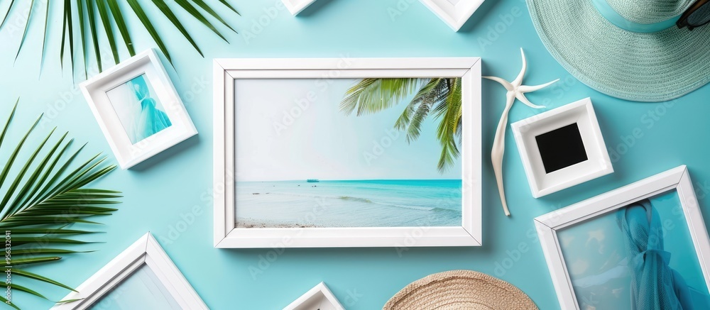 Leinwandbilder top view of a collection of summer photos displayed in a white frame against a blank surface suitabl
