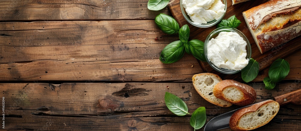 Leinwandbilder Top down view of a wooden table set with fresh ricotta basil bread and a knife The arrangement allows for adding text within the copy space image
