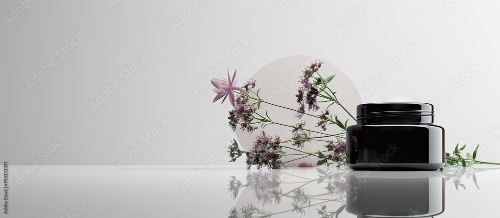 Poster Cosmetic product display featuring aquilegia flowers reflected in a black mirrored jar set against a white background with copy space image