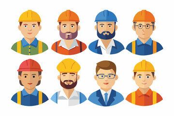 Construction worker face avatar icons vector, Construction worker, Illustration of man wearing worker apron outfit
