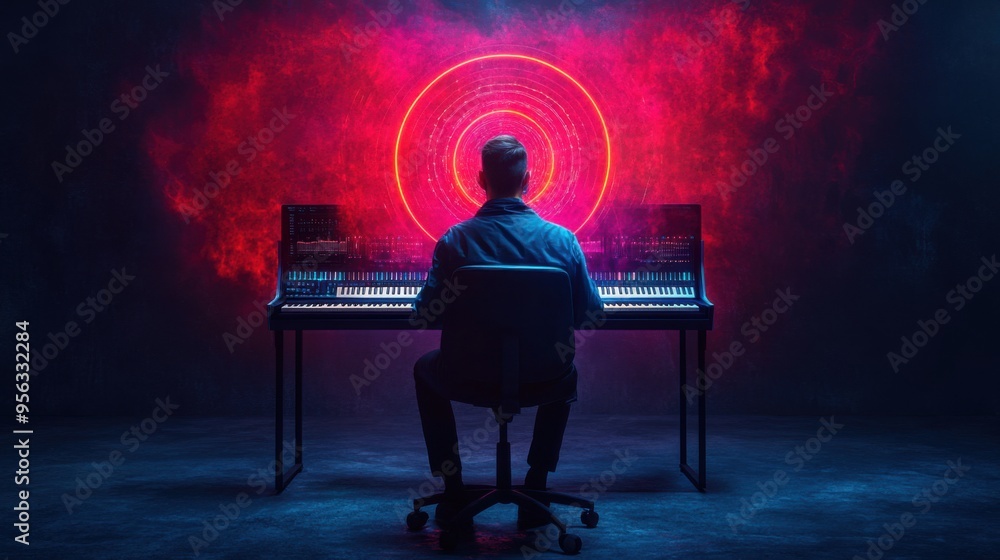 Poster harmonic horizons: futuristic music studio with ai composing software and holographic instruments