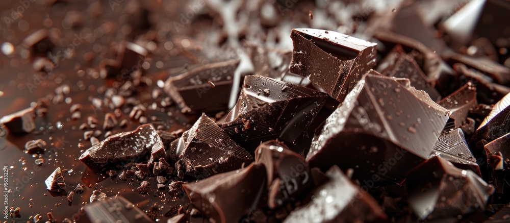 Aufkleber Close up image of fragrant dark chocolate chunks in pieces with copy space image available
