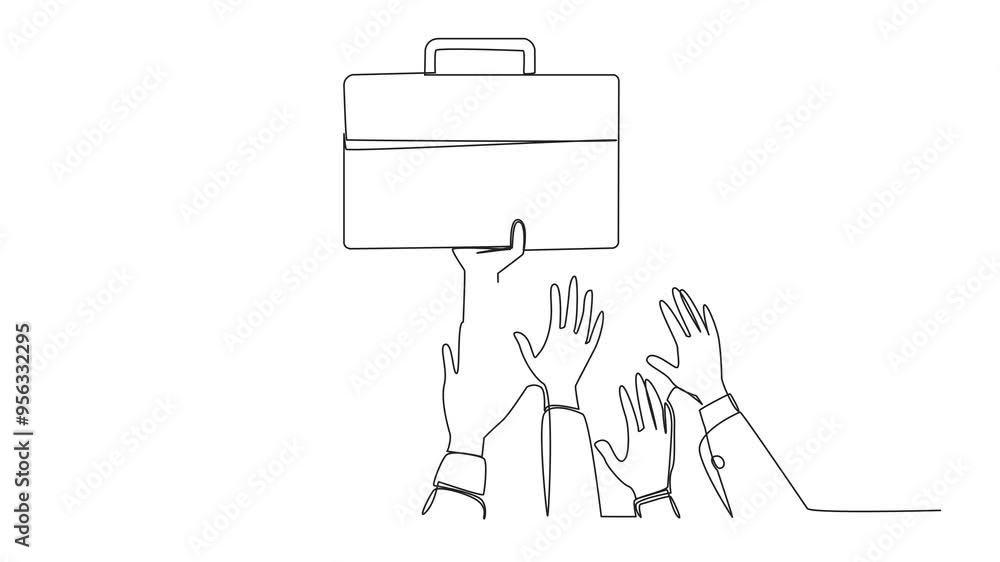 Poster self drawing animation of continuous one line drawing hands fighting over the briefcase. grab a uniq