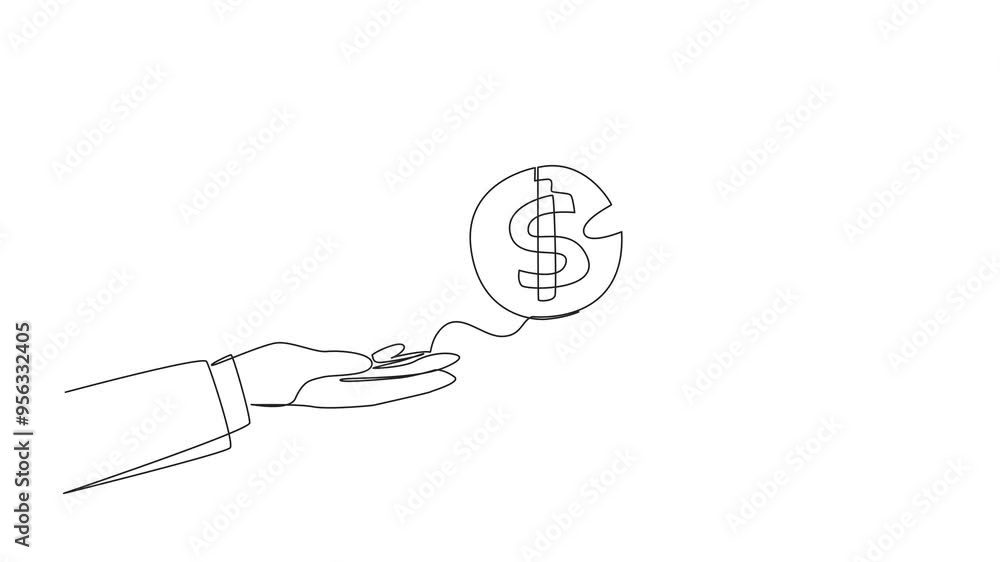 Poster animated self drawing of single continuous line drawing a hand gives a coin with a dollar symbol to 
