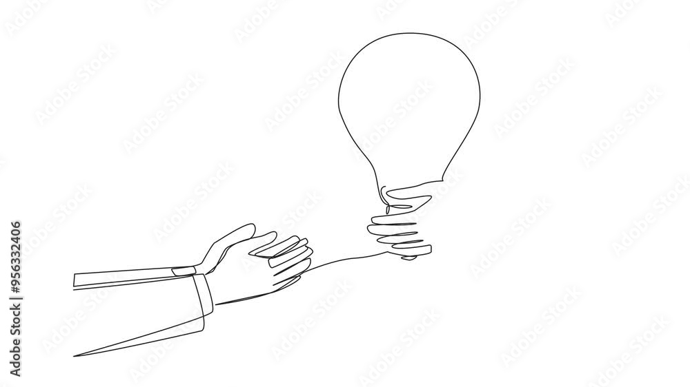 Aufkleber self drawing animation of continuous one line drawing hand giving lightbulb to colleague. providing 