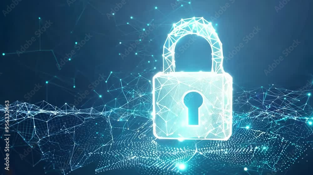 Poster digital padlock with a futuristic design, representing cybersecurity and data protection on a dark b