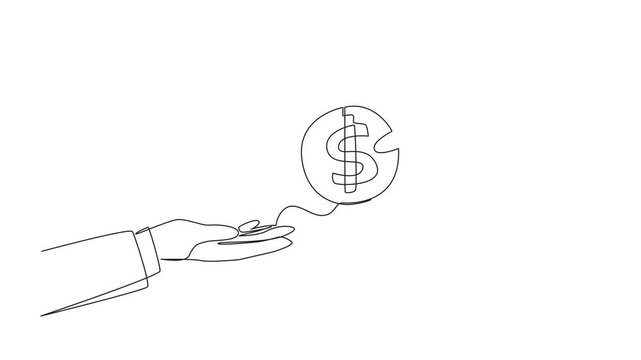 Animated self drawing of single continuous line drawing a hand gives a coin with a dollar symbol to colleague. Pay for something. Haggle over price. Agree on the lowest price. Full length animation