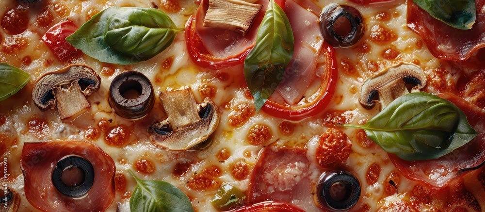 Poster a close up of a delicious pizza with a variety of toppings like ham mushrooms olives peppers and che
