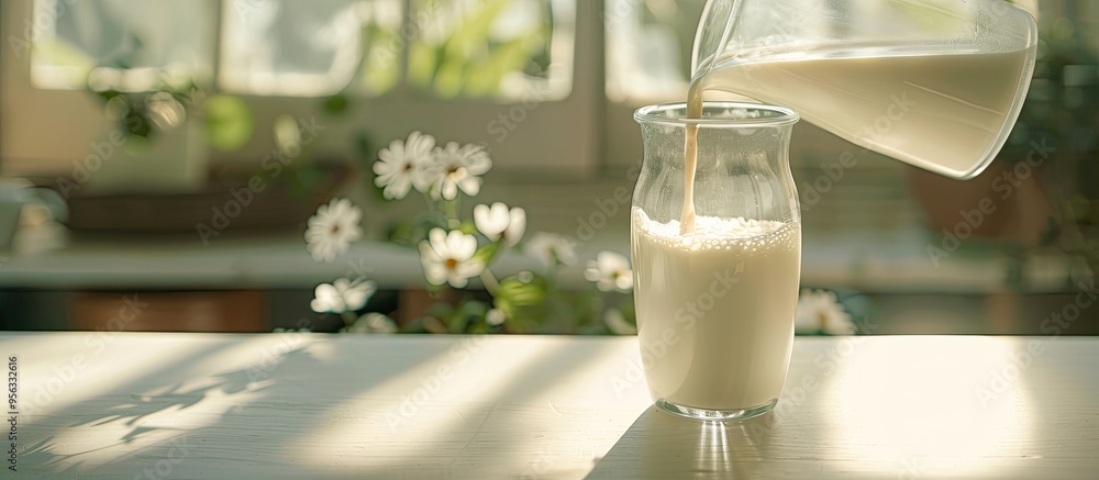 Poster Close up shot of pouring fresh milk from a jug to a glass on a white table with room for adding text in the image. Creative banner. Copyspace image