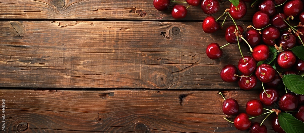 Aufkleber Top down view of ripe cherries displayed against a rustic wooden backdrop ideal for a copy space image