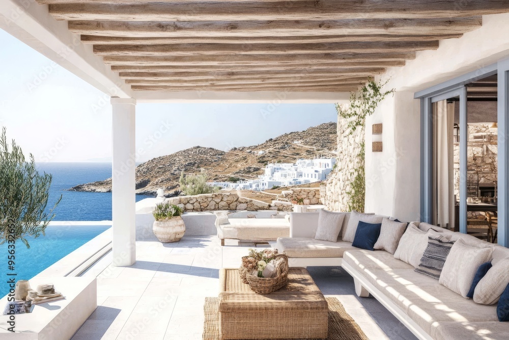 Poster the mediterranean white house with its pool is set on a hill with a stunning view of the sea. a gene