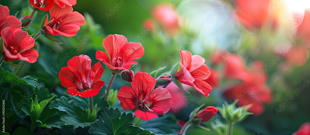 Poster vibrant red geranium or cranesbill flowers blooming in the garden adding a splash of color to the su