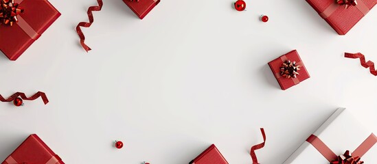 Copy space image featuring gift boxes set against a white background evoking the festive ambiance of Christmas and New Year holidays Perfect for a Christmas themed banner or mock up