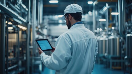 South European Worker in Modern Factory with iPad