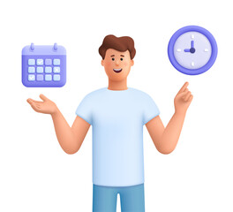 Young smiling business man pointing to calendar and clock. Time management, timing, self organization, business planning concept. 3d vector people character. Cartoon minimal style.